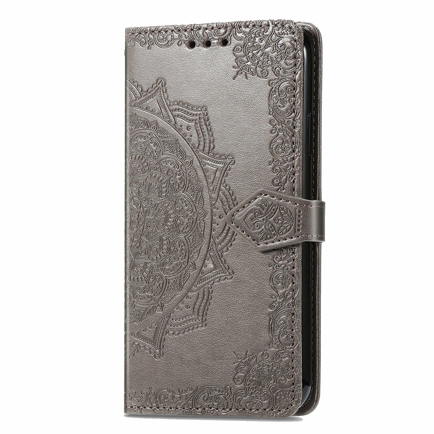 For OnePlus 12 5G Anti-scratch Phone Cover Emboss Mandala Flower Leather Wallet Case - Grey