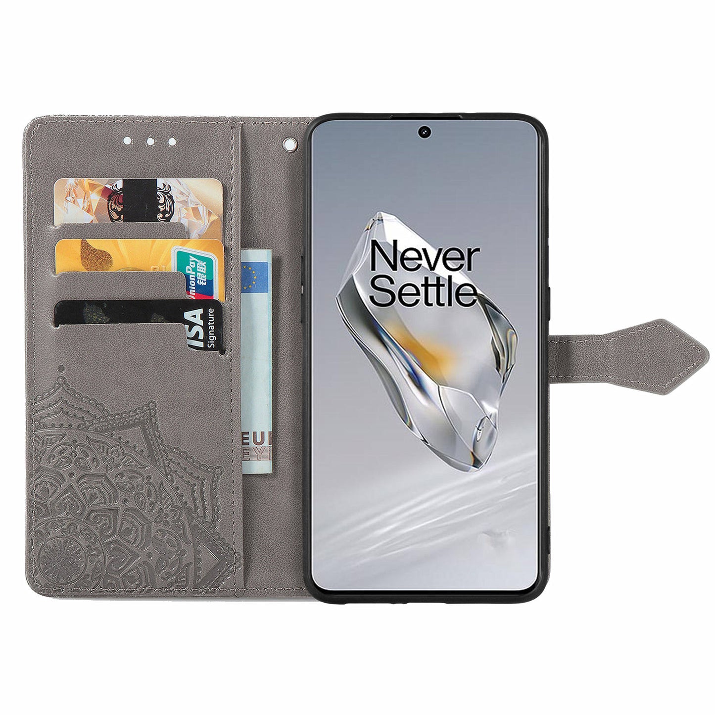 For OnePlus 12 5G Anti-scratch Phone Cover Emboss Mandala Flower Leather Wallet Case - Grey