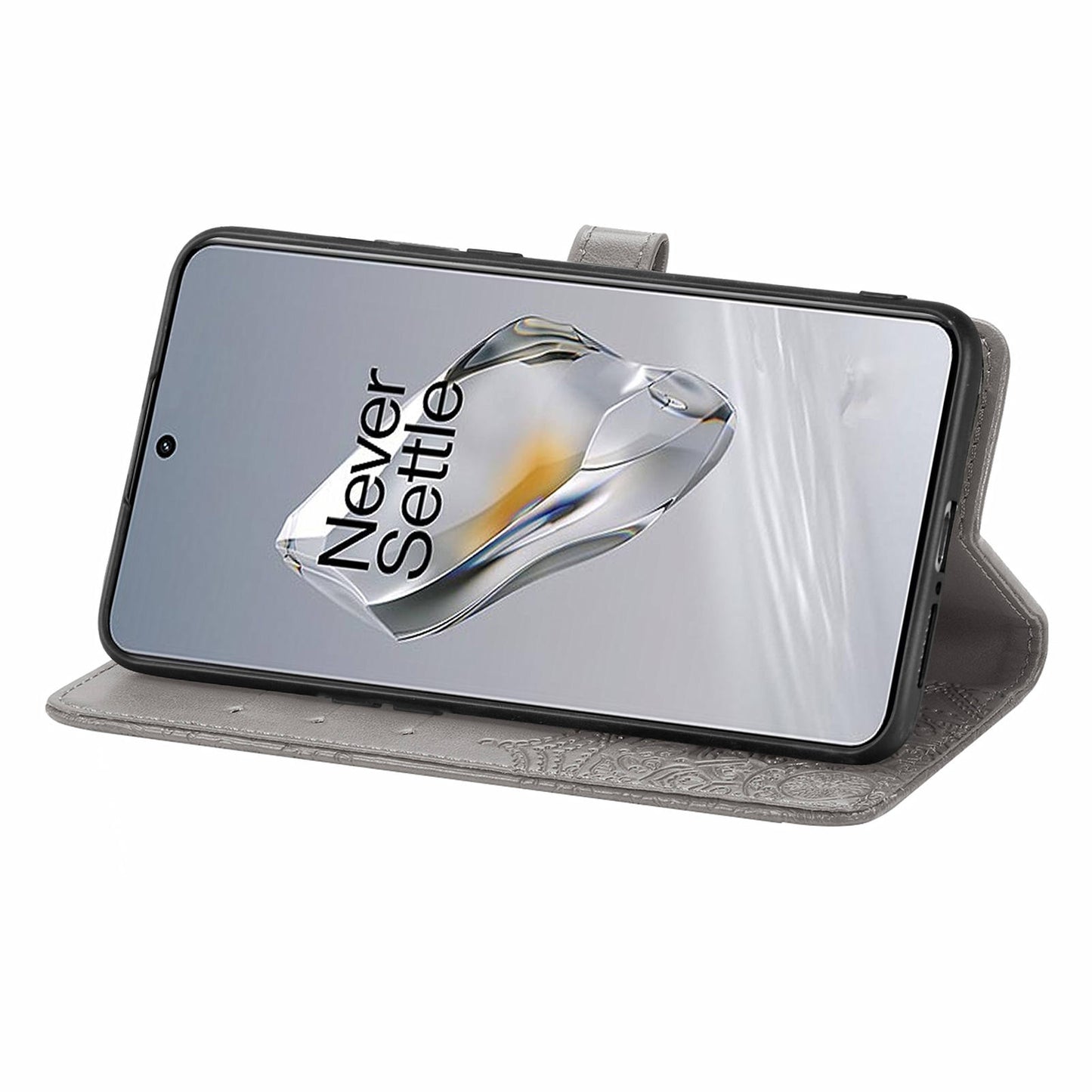 For OnePlus 12 5G Anti-scratch Phone Cover Emboss Mandala Flower Leather Wallet Case - Grey