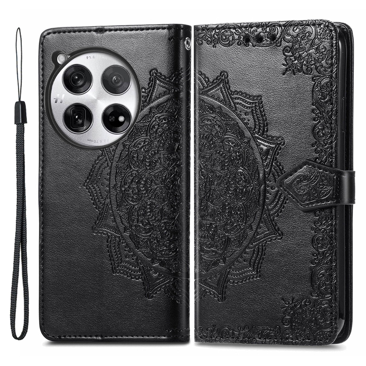 For OnePlus 12 5G Anti-scratch Phone Cover Emboss Mandala Flower Leather Wallet Case - Black