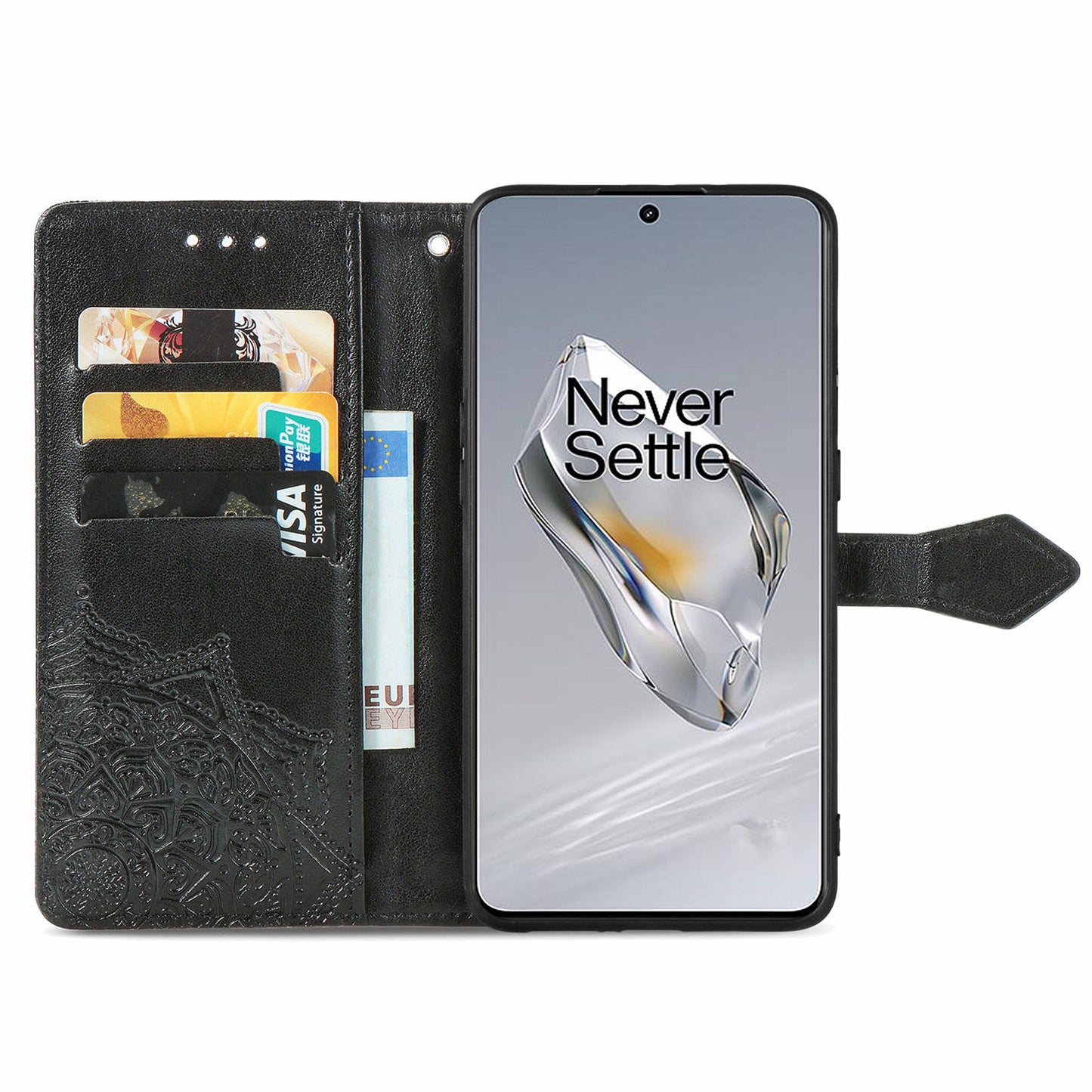 For OnePlus 12 5G Anti-scratch Phone Cover Emboss Mandala Flower Leather Wallet Case - Black