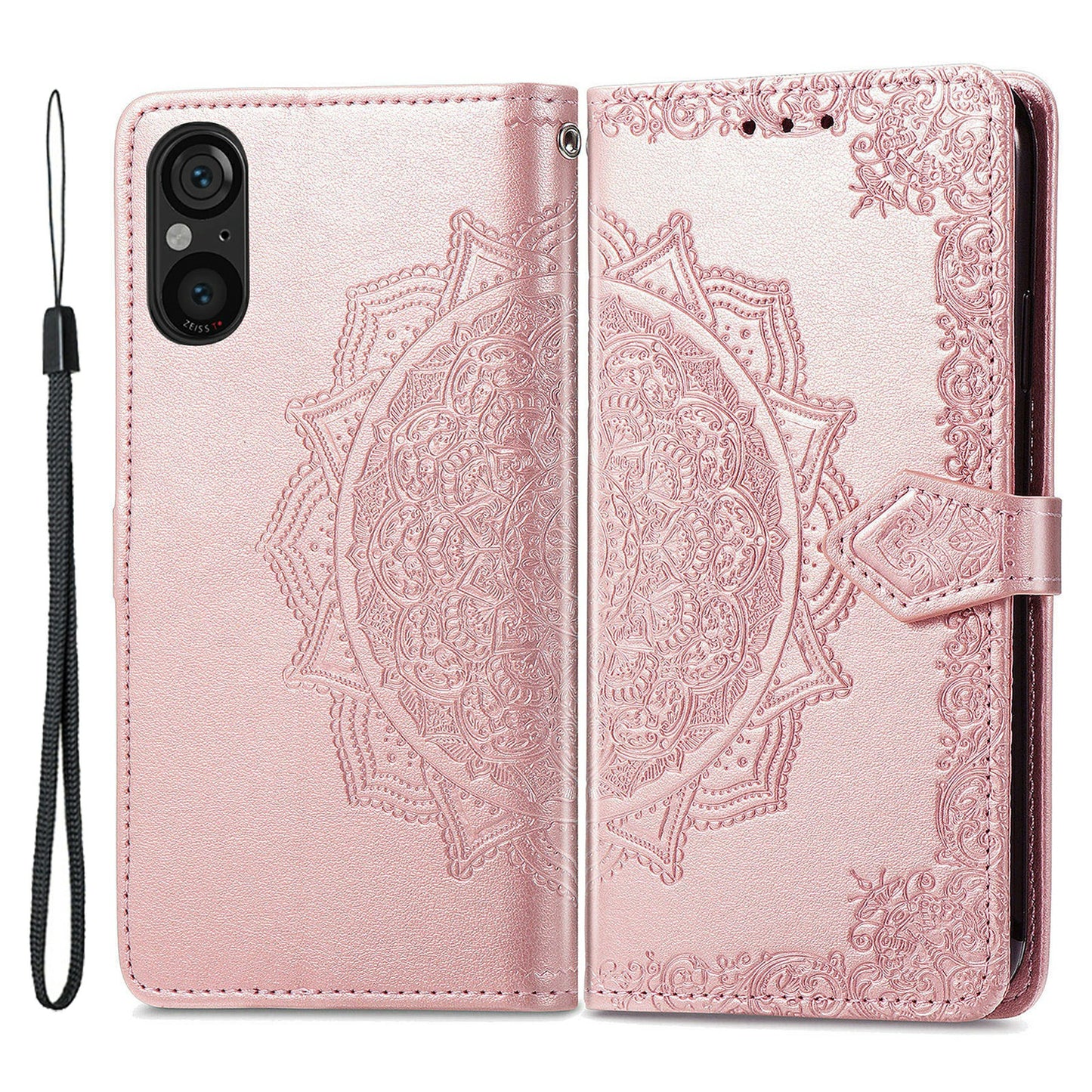 For Sony Xperia 5 V Case Card Slots Wallet PU Leather Embossed Phone Cover - Rose Gold