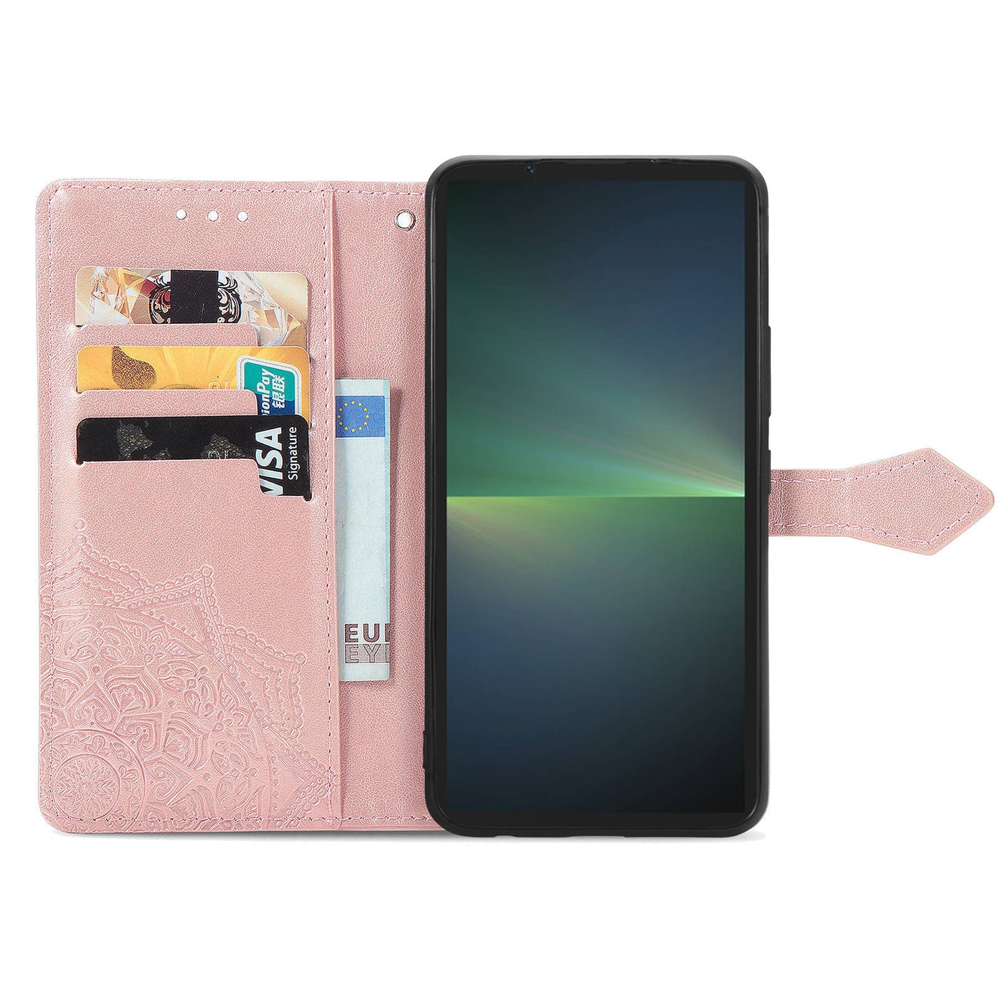 For Sony Xperia 5 V Case Card Slots Wallet PU Leather Embossed Phone Cover - Rose Gold