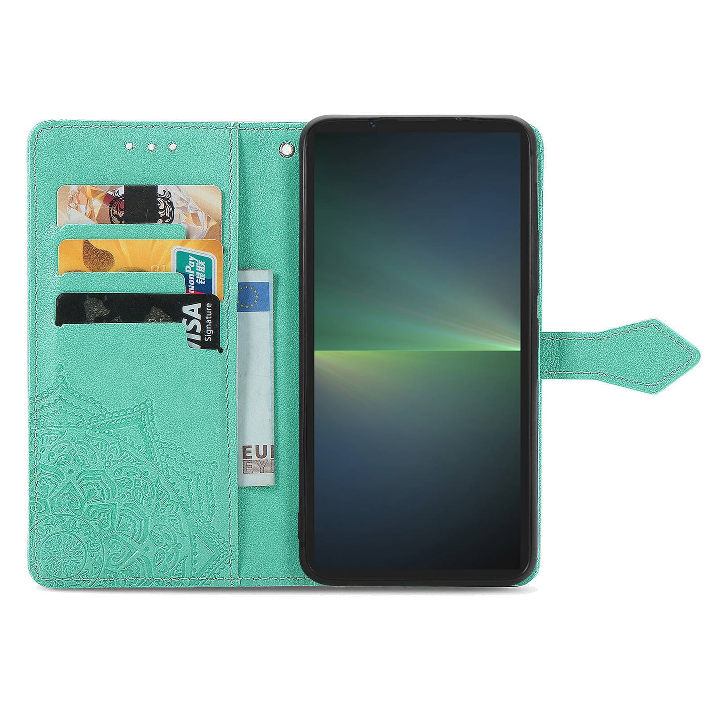 For Sony Xperia 5 V Case Card Slots Wallet PU Leather Embossed Phone Cover - Mint Green