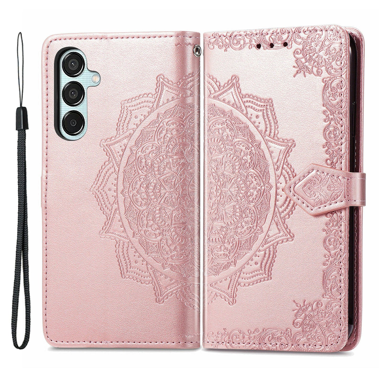 For Samsung Galaxy M15 5G PU Leather Case Shockproof Cell Phone Cover Emboss Mandala Flower Wallet - Rose Gold