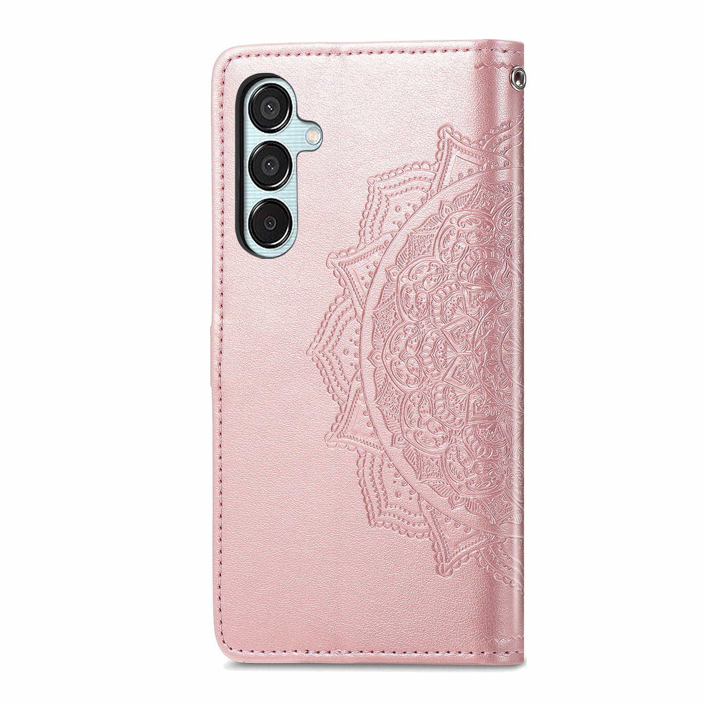For Samsung Galaxy M15 5G PU Leather Case Shockproof Cell Phone Cover Emboss Mandala Flower Wallet - Rose Gold