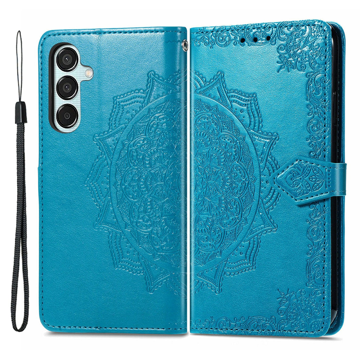 For Samsung Galaxy M15 5G PU Leather Case Shockproof Cell Phone Cover Emboss Mandala Flower Wallet - Blue