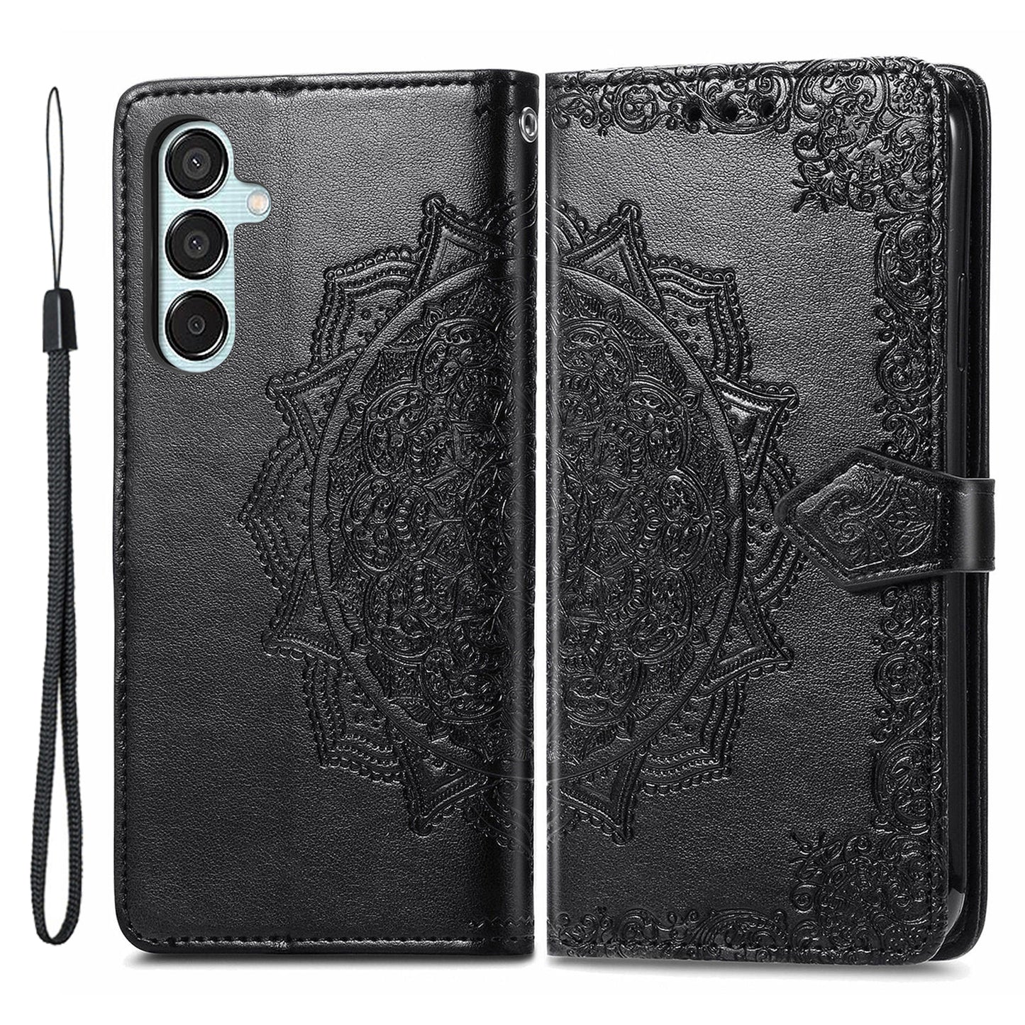 For Samsung Galaxy M15 5G PU Leather Case Shockproof Cell Phone Cover Emboss Mandala Flower Wallet - Black