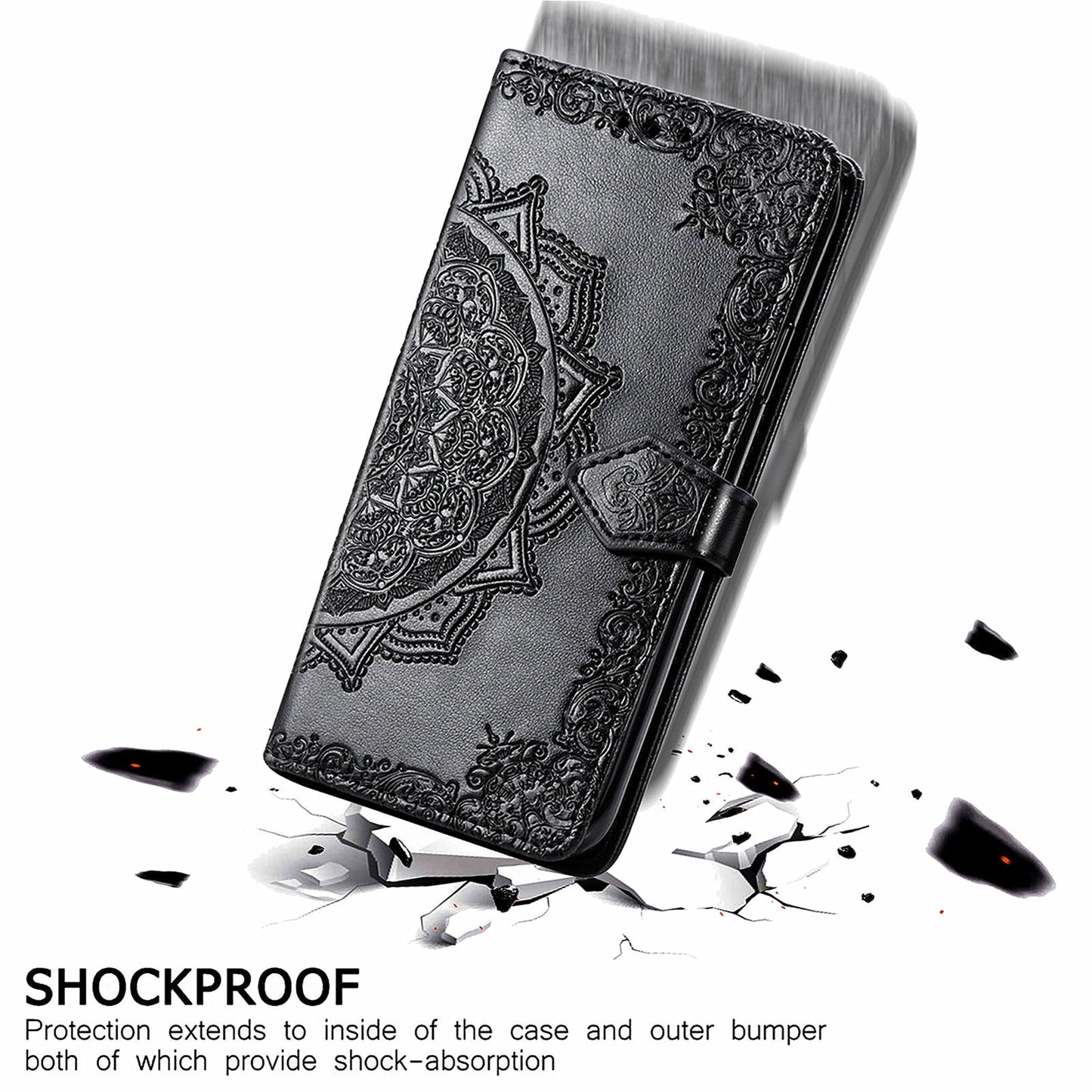 For Samsung Galaxy M15 5G PU Leather Case Shockproof Cell Phone Cover Emboss Mandala Flower Wallet - Black