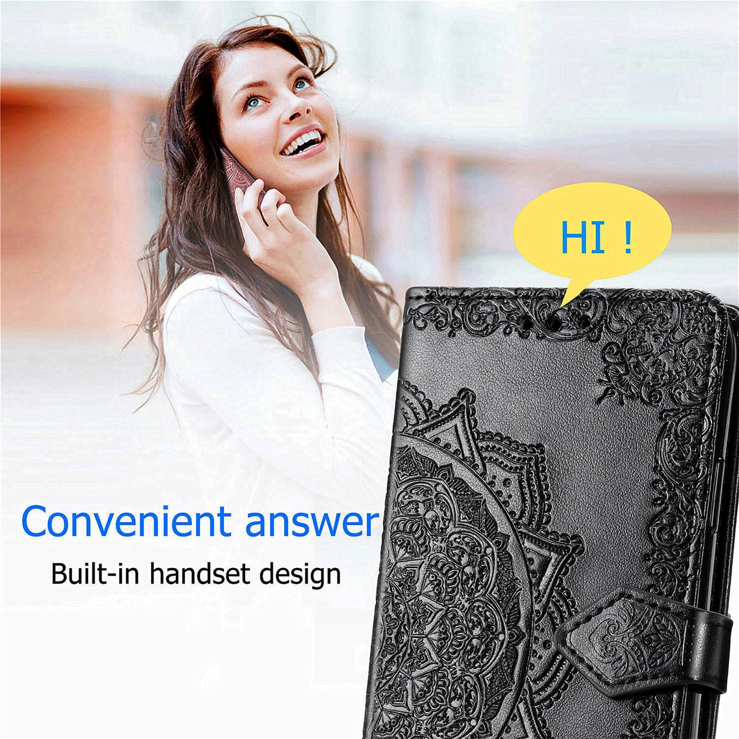 For Samsung Galaxy M15 5G PU Leather Case Shockproof Cell Phone Cover Emboss Mandala Flower Wallet - Black