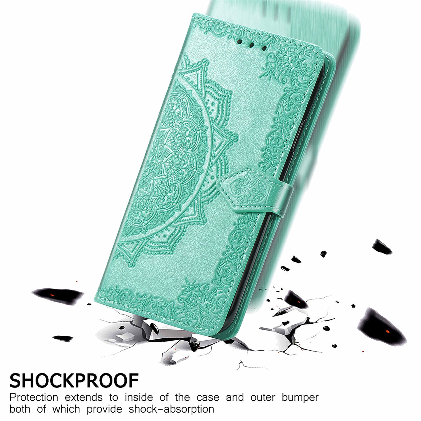 For Samsung Galaxy M15 5G PU Leather Case Shockproof Cell Phone Cover Emboss Mandala Flower Wallet - Mint Green
