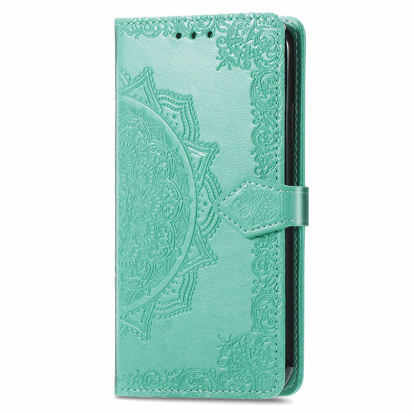 For Samsung Galaxy M15 5G PU Leather Case Shockproof Cell Phone Cover Emboss Mandala Flower Wallet - Mint Green