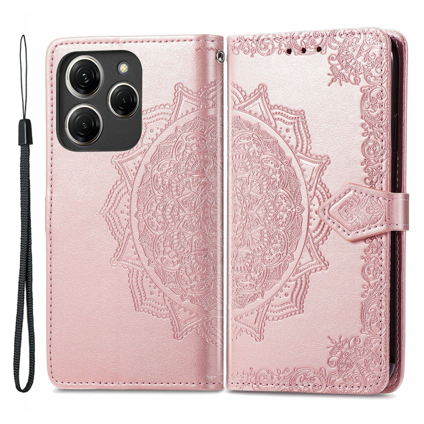 For Transsion Tecno Spark 20 Pro Phone Cover Emboss Mandala Flower Leather Wallet Case - Rose Gold