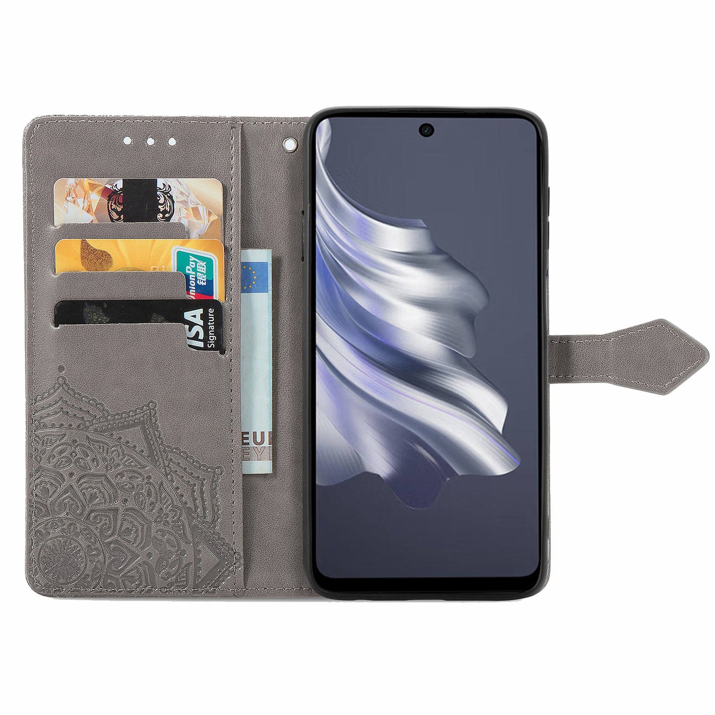 For Transsion Tecno Spark 20 Pro Phone Cover Emboss Mandala Flower Leather Wallet Case - Grey
