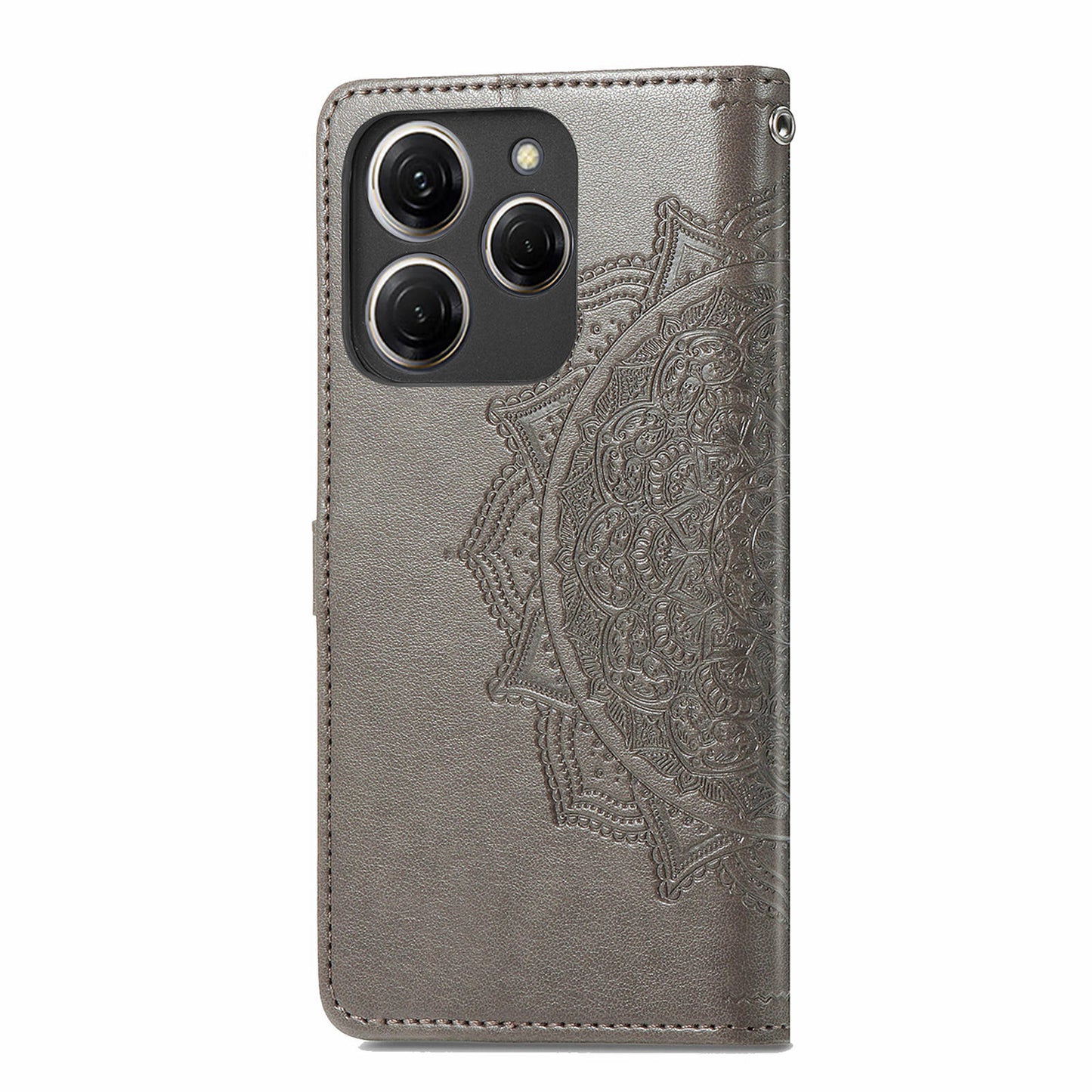 For Transsion Tecno Spark 20 Pro Phone Cover Emboss Mandala Flower Leather Wallet Case - Grey