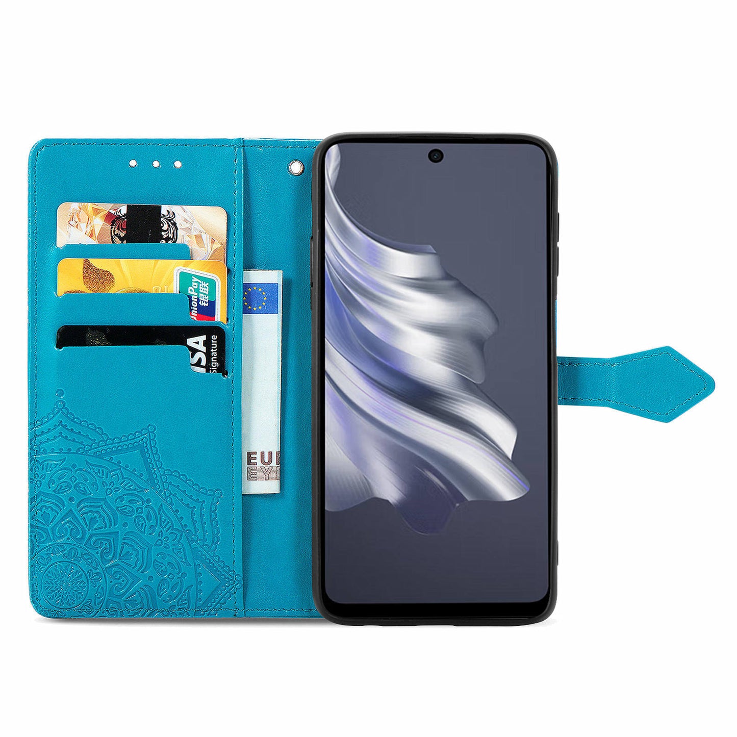 For Transsion Tecno Spark 20 Pro Phone Cover Emboss Mandala Flower Leather Wallet Case - Blue