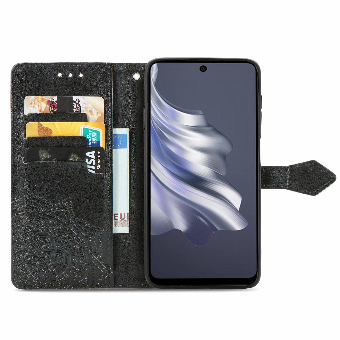 For Transsion Tecno Spark 20 Pro Phone Cover Emboss Mandala Flower Leather Wallet Case - Black