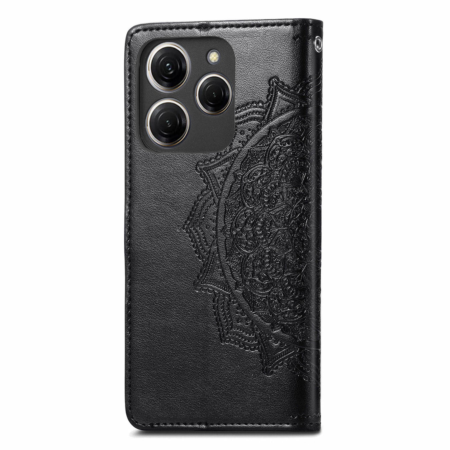 For Transsion Tecno Spark 20 Pro Phone Cover Emboss Mandala Flower Leather Wallet Case - Black