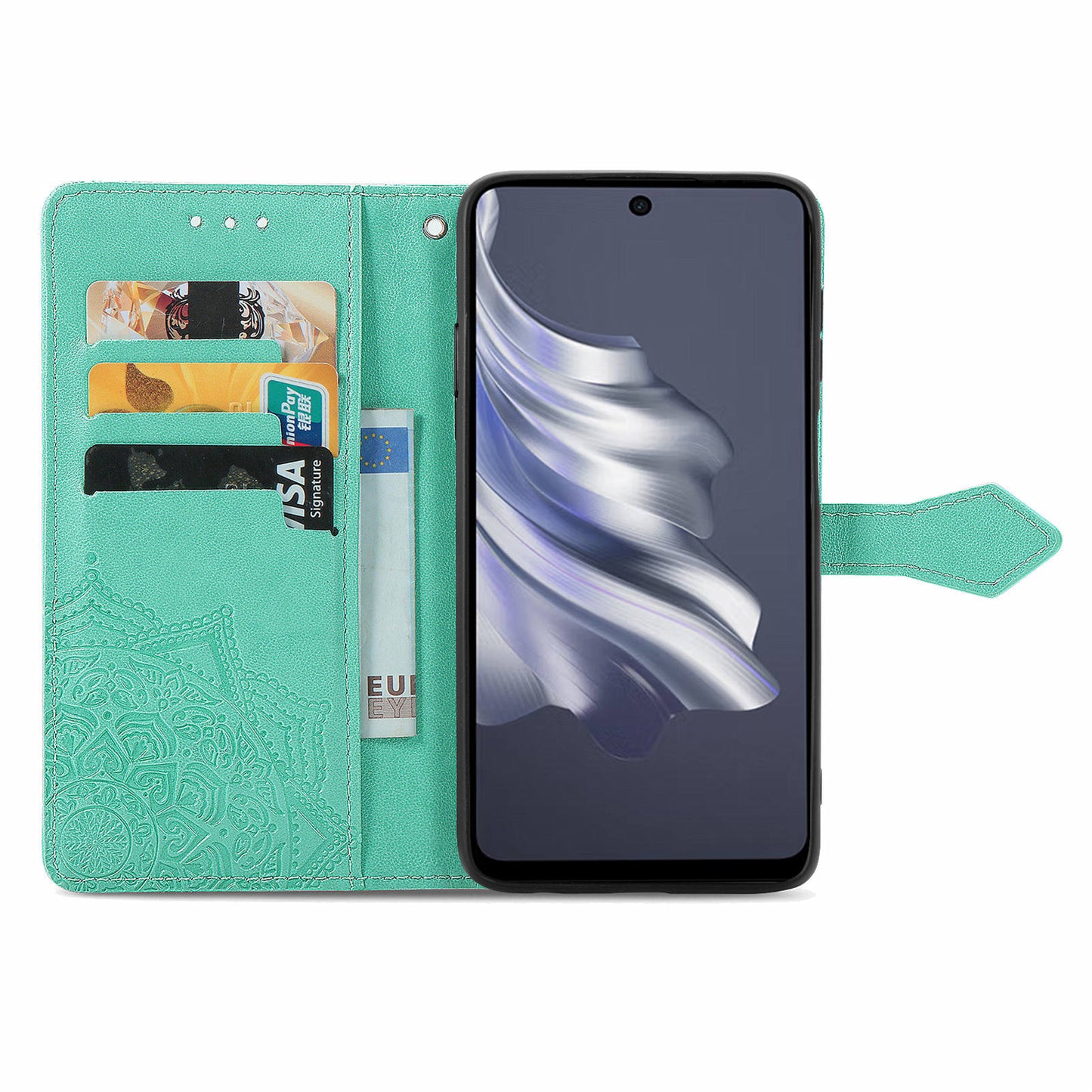 For Transsion Tecno Spark 20 Pro Phone Cover Emboss Mandala Flower Leather Wallet Case - Mint Green