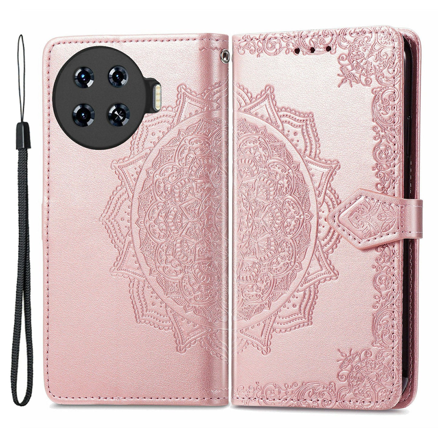 For Transsion Tecno Spark 20 Pro+ Case PU Leather Phone Shell Emboss Mandala Flower Wallet Cover - Rose Gold