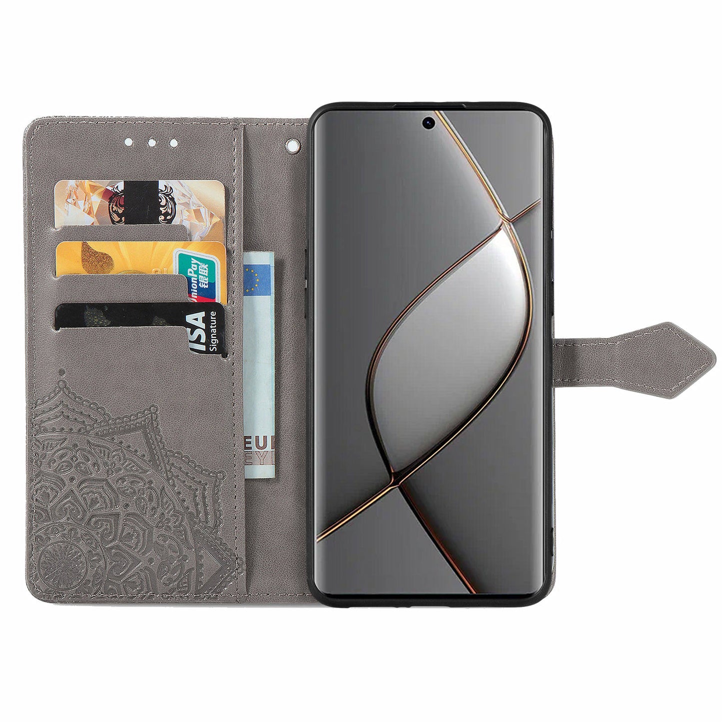 For Transsion Tecno Spark 20 Pro+ Case PU Leather Phone Shell Emboss Mandala Flower Wallet Cover - Grey