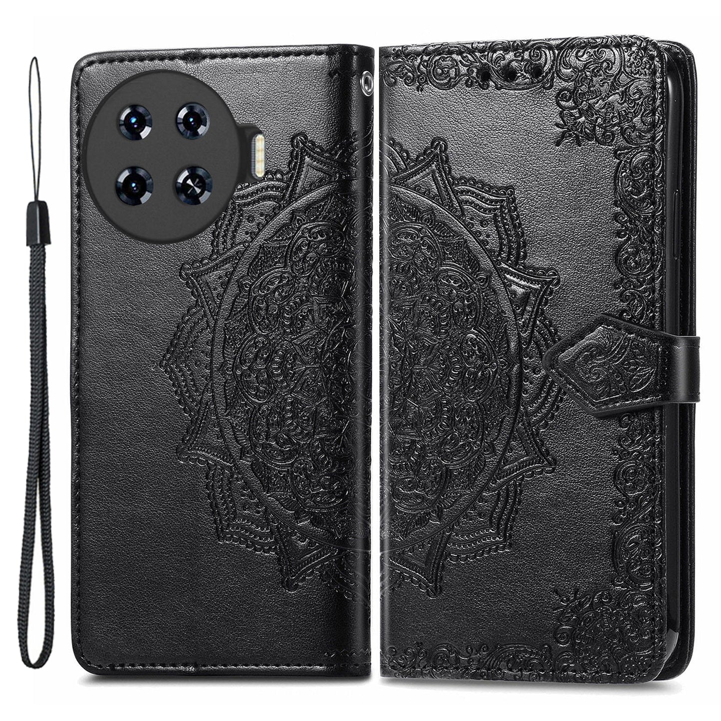 For Transsion Tecno Spark 20 Pro+ Case PU Leather Phone Shell Emboss Mandala Flower Wallet Cover - Black