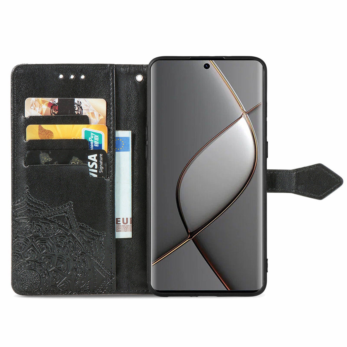 For Transsion Tecno Spark 20 Pro+ Case PU Leather Phone Shell Emboss Mandala Flower Wallet Cover - Black