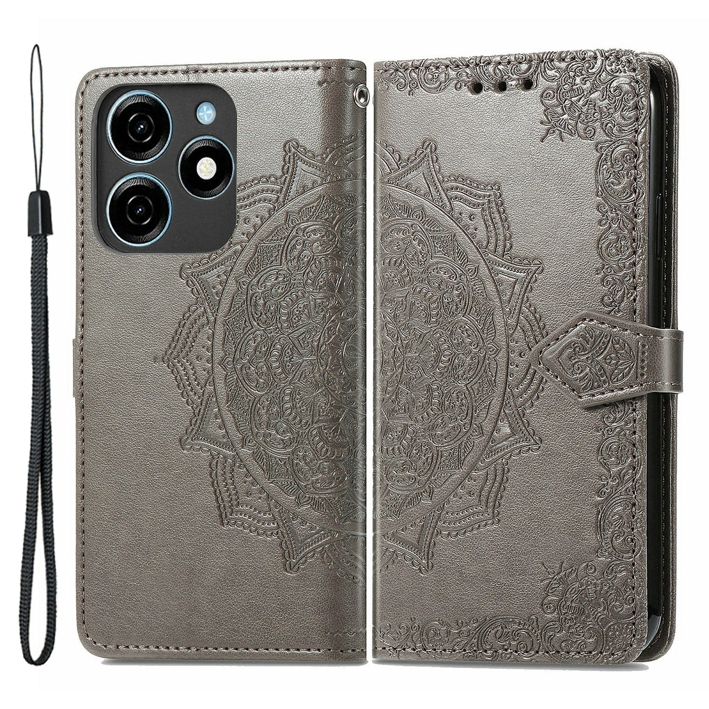 For Transsion Tecno Spark 20C Wallet Case Mandala Flower Leather Phone Cover - Grey