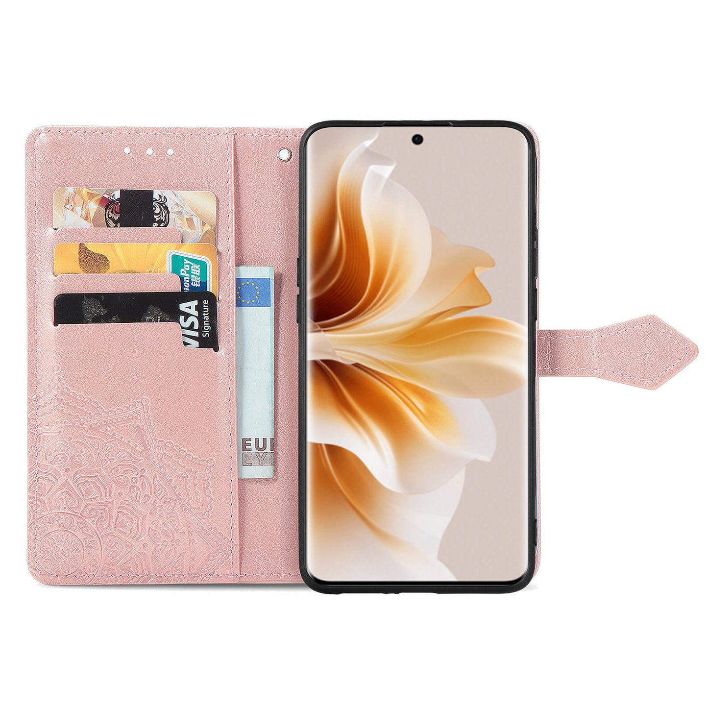 For Oppo Reno11 5G (Global) Leather Phone Case with Card Slots Wallet Emboss Mandala Flower - Rose Gold