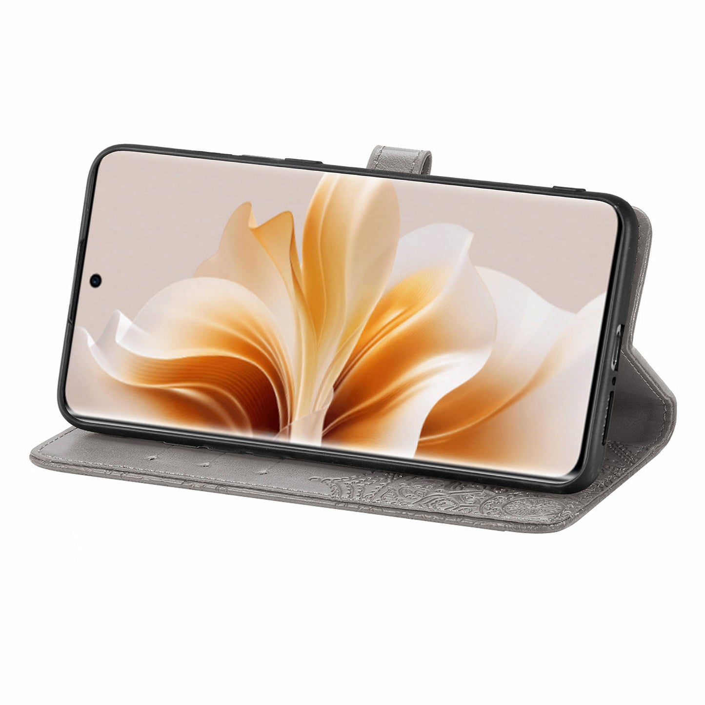 For Oppo Reno11 5G (Global) Leather Phone Case with Card Slots Wallet Emboss Mandala Flower - Grey