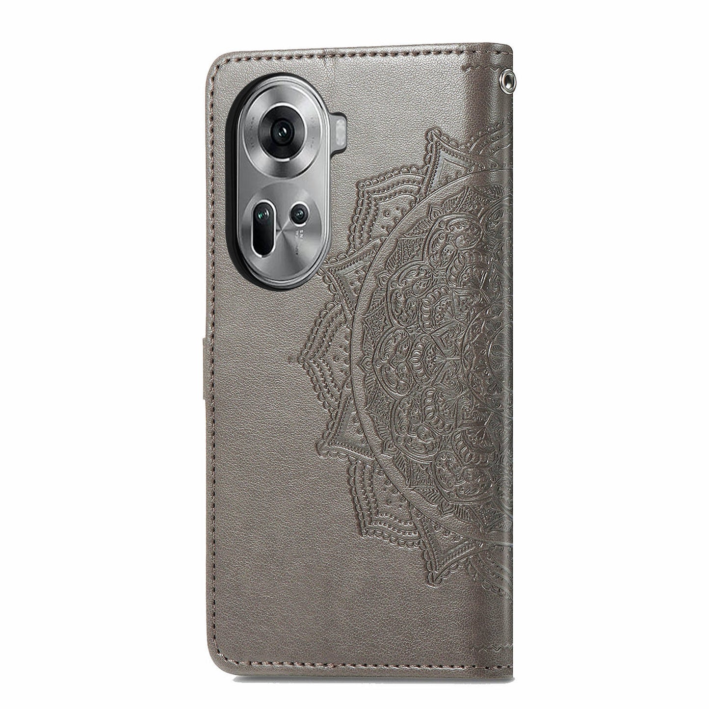 For Oppo Reno11 5G (Global) Leather Phone Case with Card Slots Wallet Emboss Mandala Flower - Grey