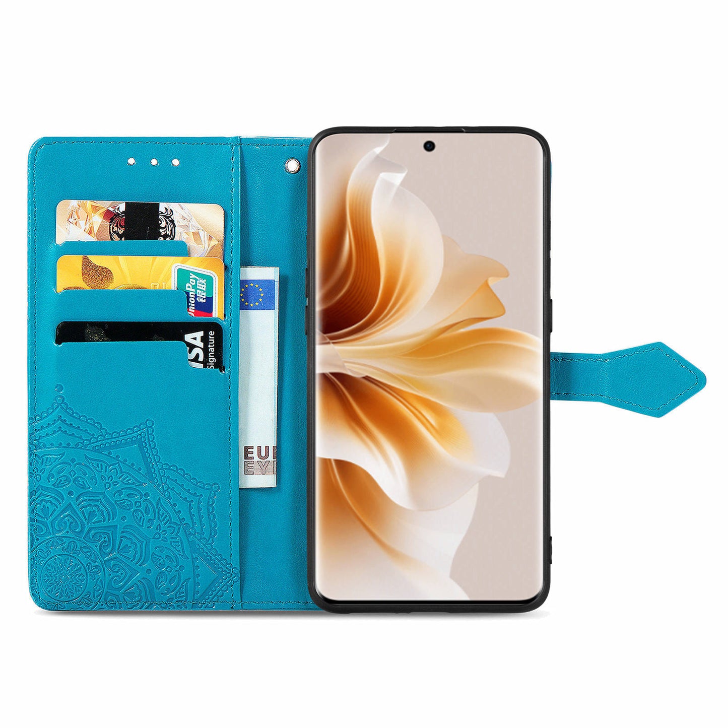 For Oppo Reno11 5G (Global) Leather Phone Case with Card Slots Wallet Emboss Mandala Flower - Blue