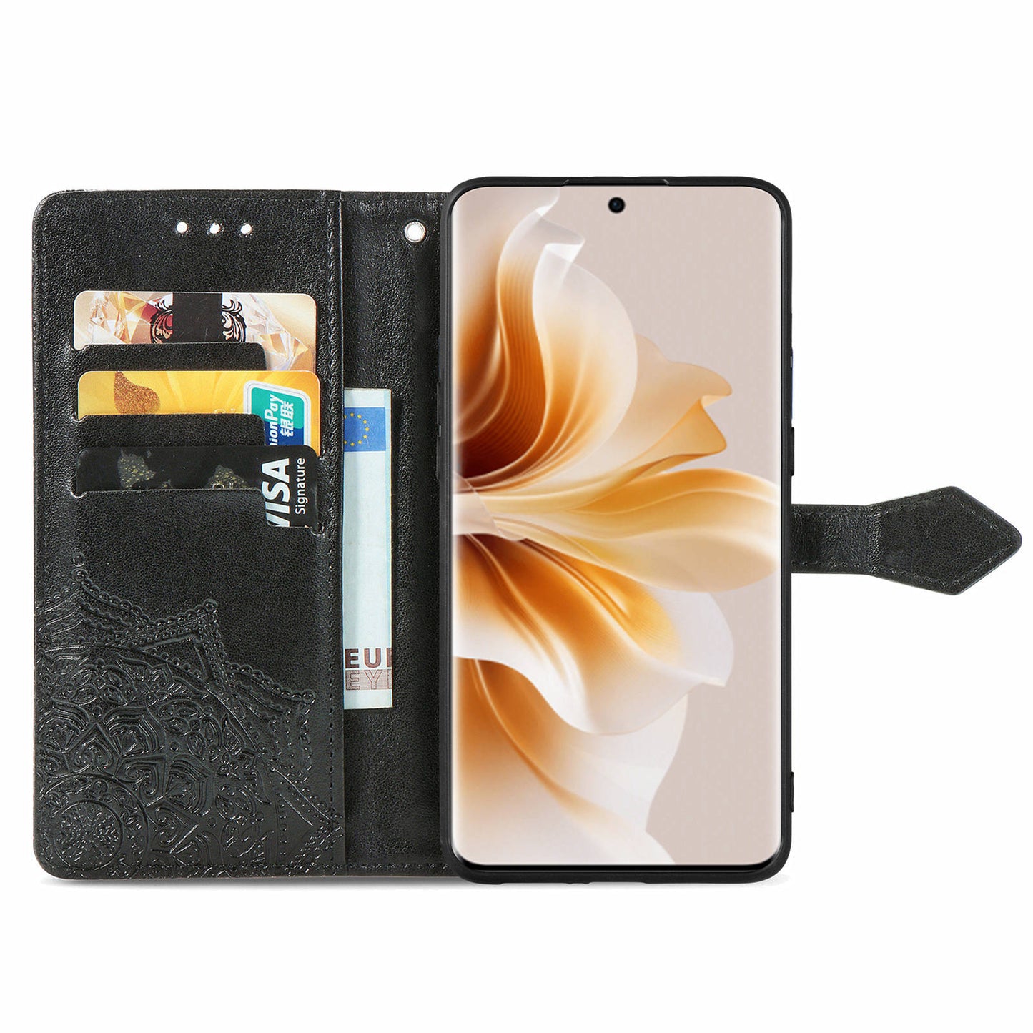 For Oppo Reno11 5G (Global) Leather Phone Case with Card Slots Wallet Emboss Mandala Flower - Black