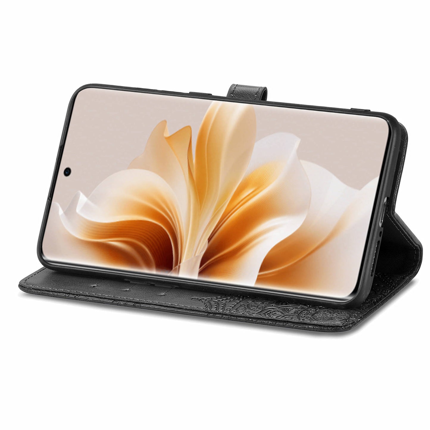 For Oppo Reno11 5G (Global) Leather Phone Case with Card Slots Wallet Emboss Mandala Flower - Black