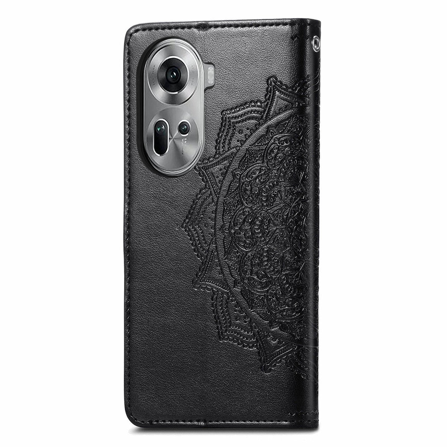 For Oppo Reno11 5G (Global) Leather Phone Case with Card Slots Wallet Emboss Mandala Flower - Black
