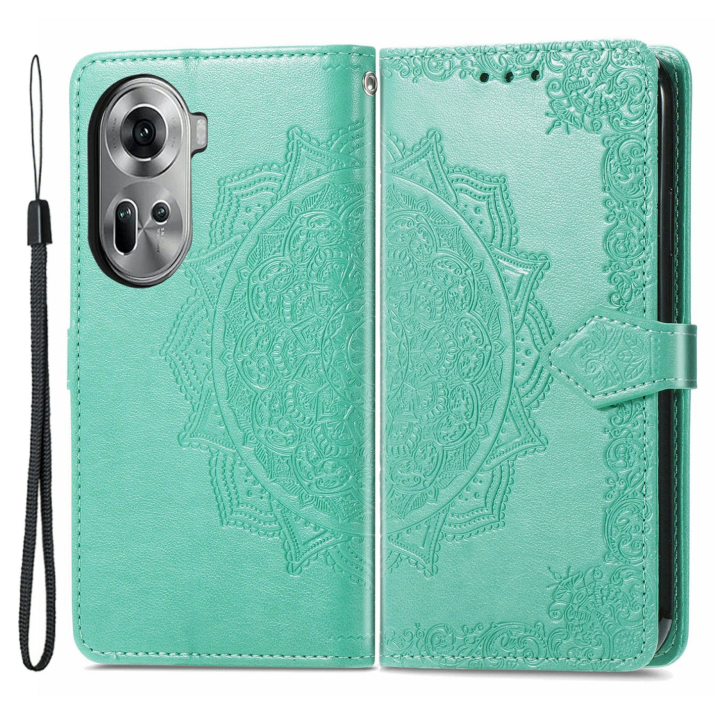 For Oppo Reno11 5G (Global) Leather Phone Case with Card Slots Wallet Emboss Mandala Flower - Green