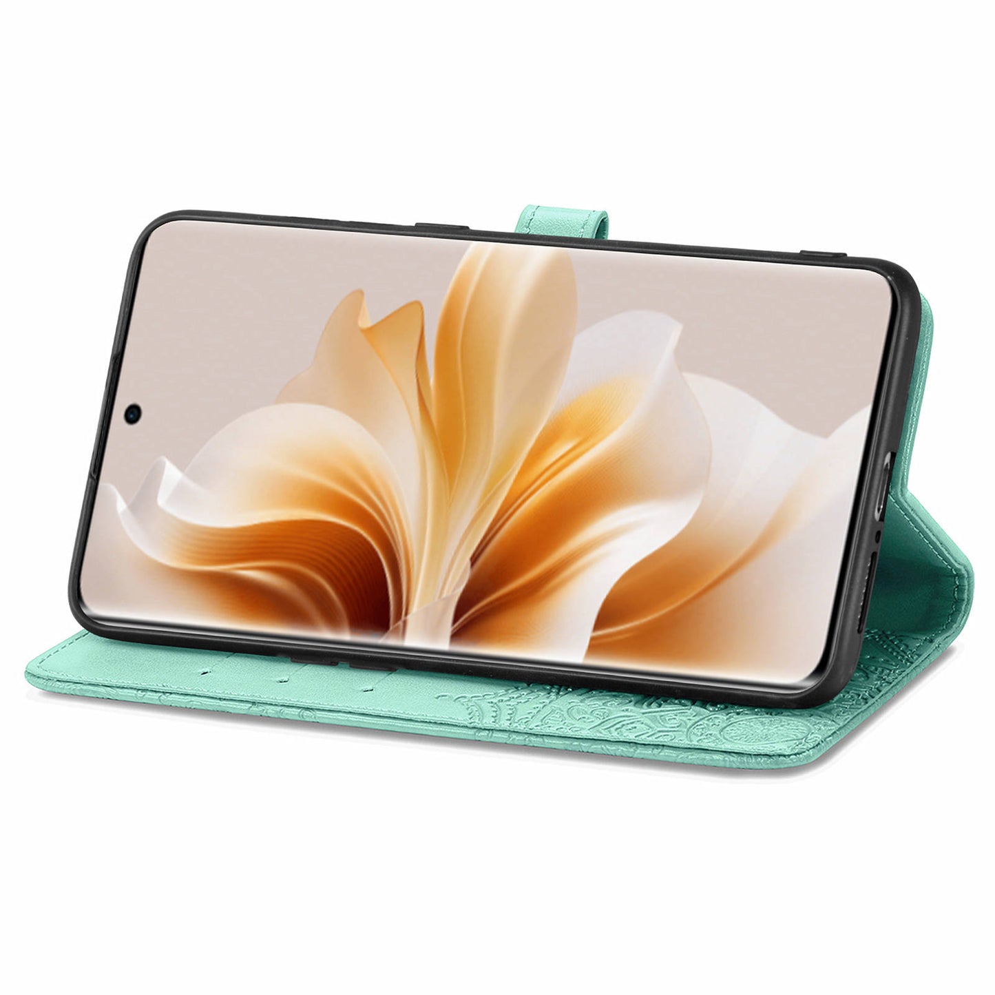 For Oppo Reno11 5G (Global) Leather Phone Case with Card Slots Wallet Emboss Mandala Flower - Green