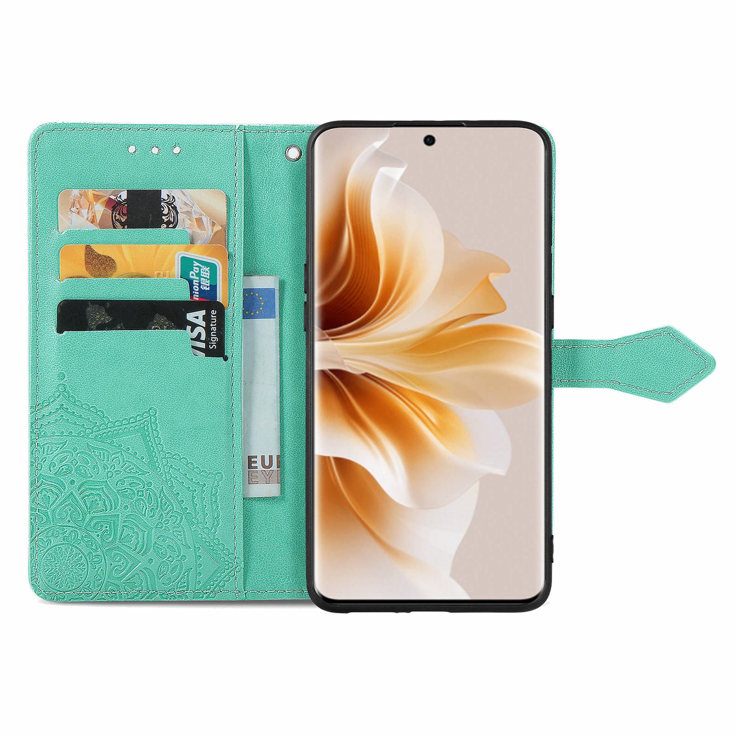 For Oppo Reno11 Pro 5G (Global) Case Emboss Mandala Flower Leather Phone Cover - Green