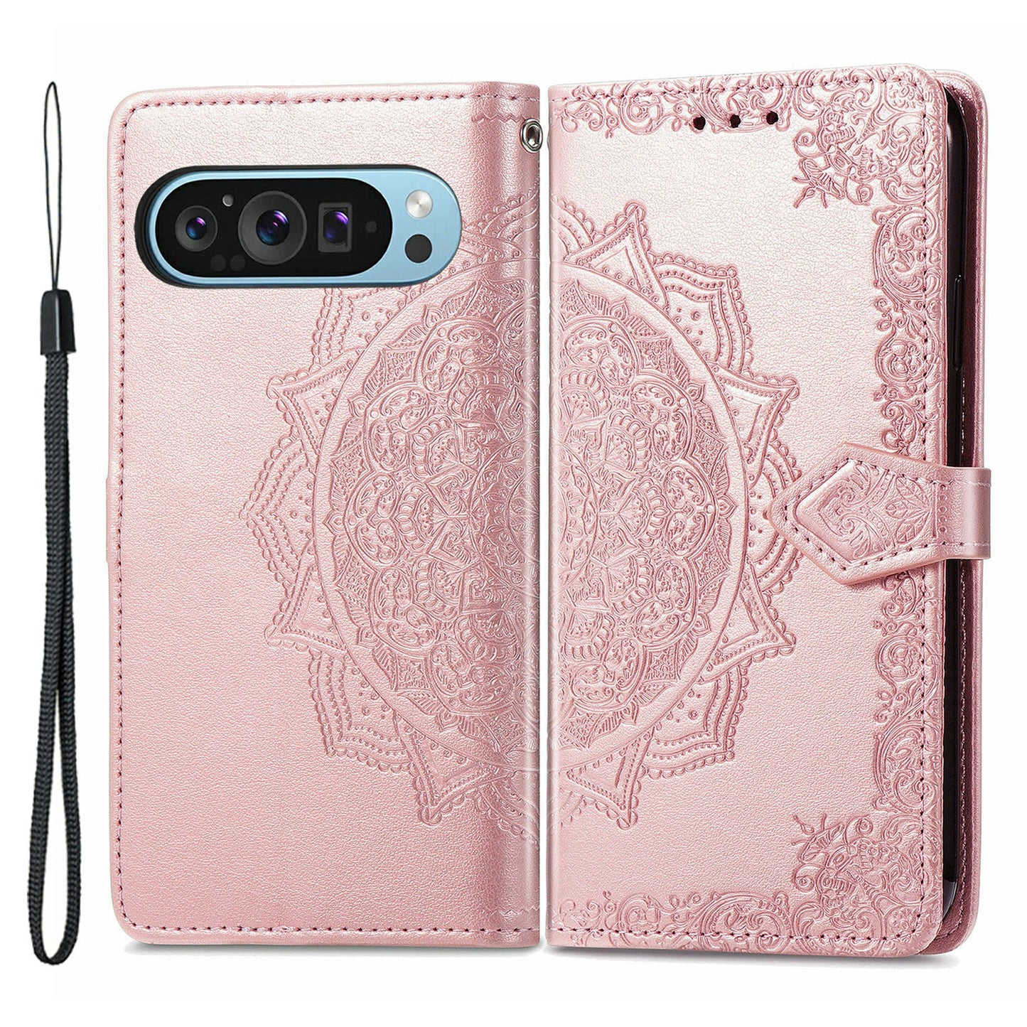 For Google Pixel 9 Phone Cover Emboss Mandala Flower Wallet Case with Magnetic Clasp - Rose Gold