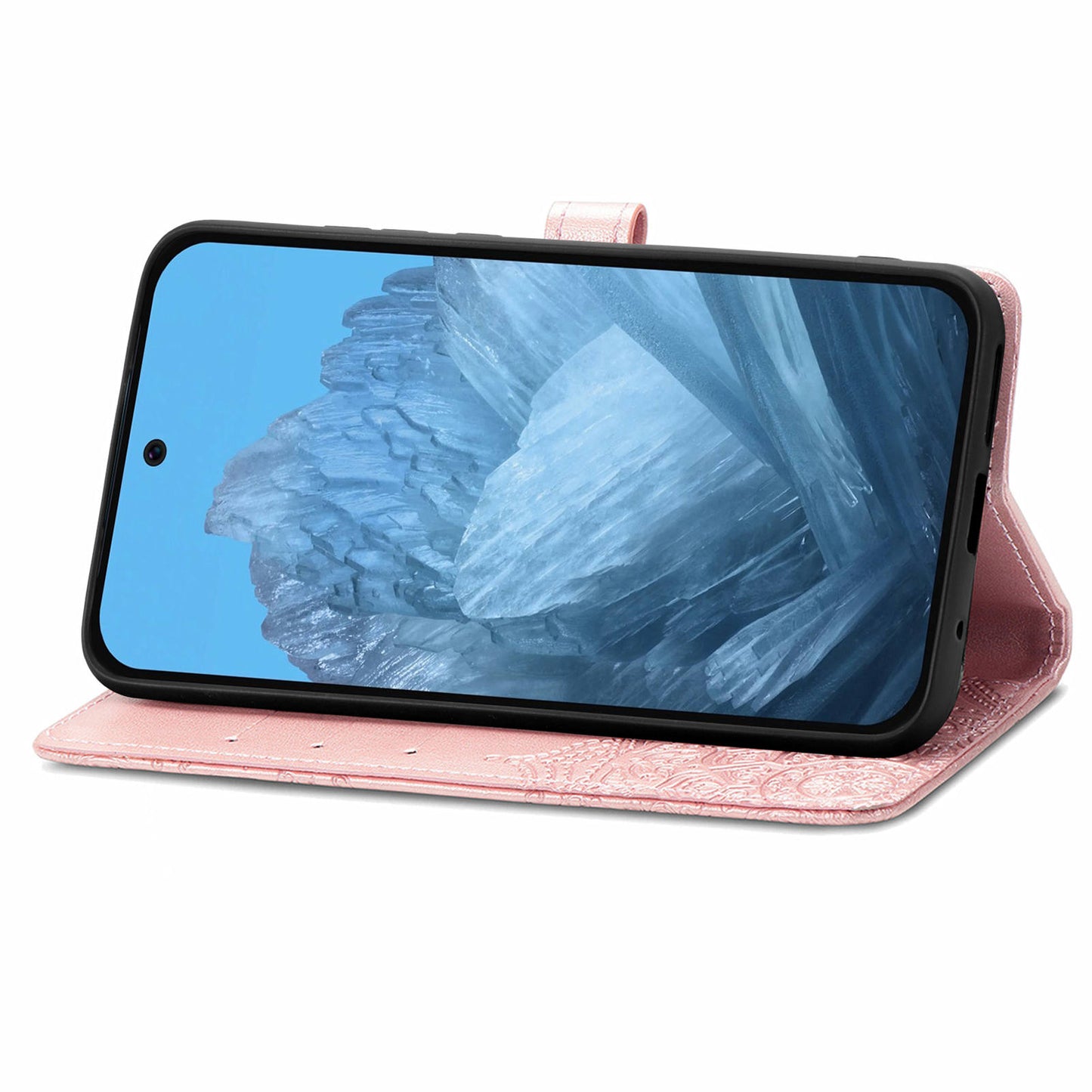 For Google Pixel 9 Phone Cover Emboss Mandala Flower Wallet Case with Magnetic Clasp - Rose Gold