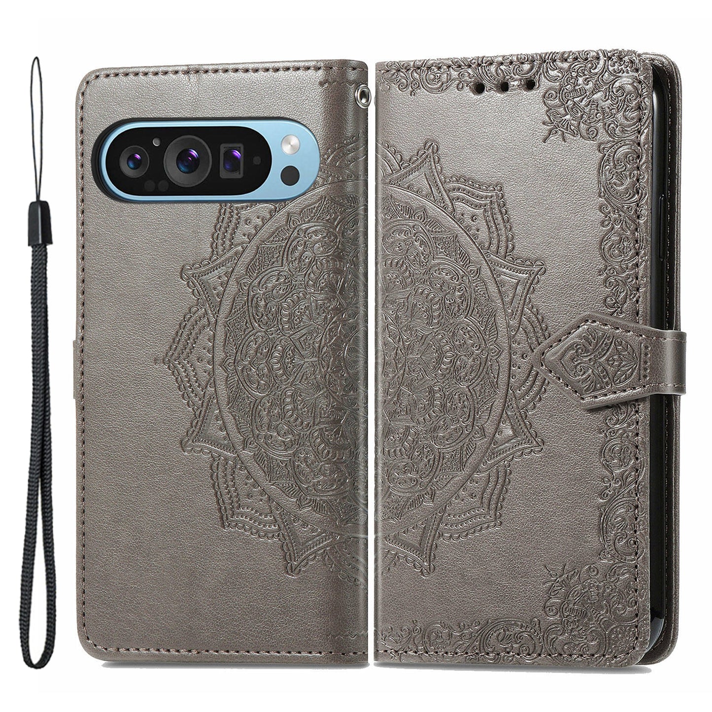 For Google Pixel 9 Phone Cover Emboss Mandala Flower Wallet Case with Magnetic Clasp - Grey