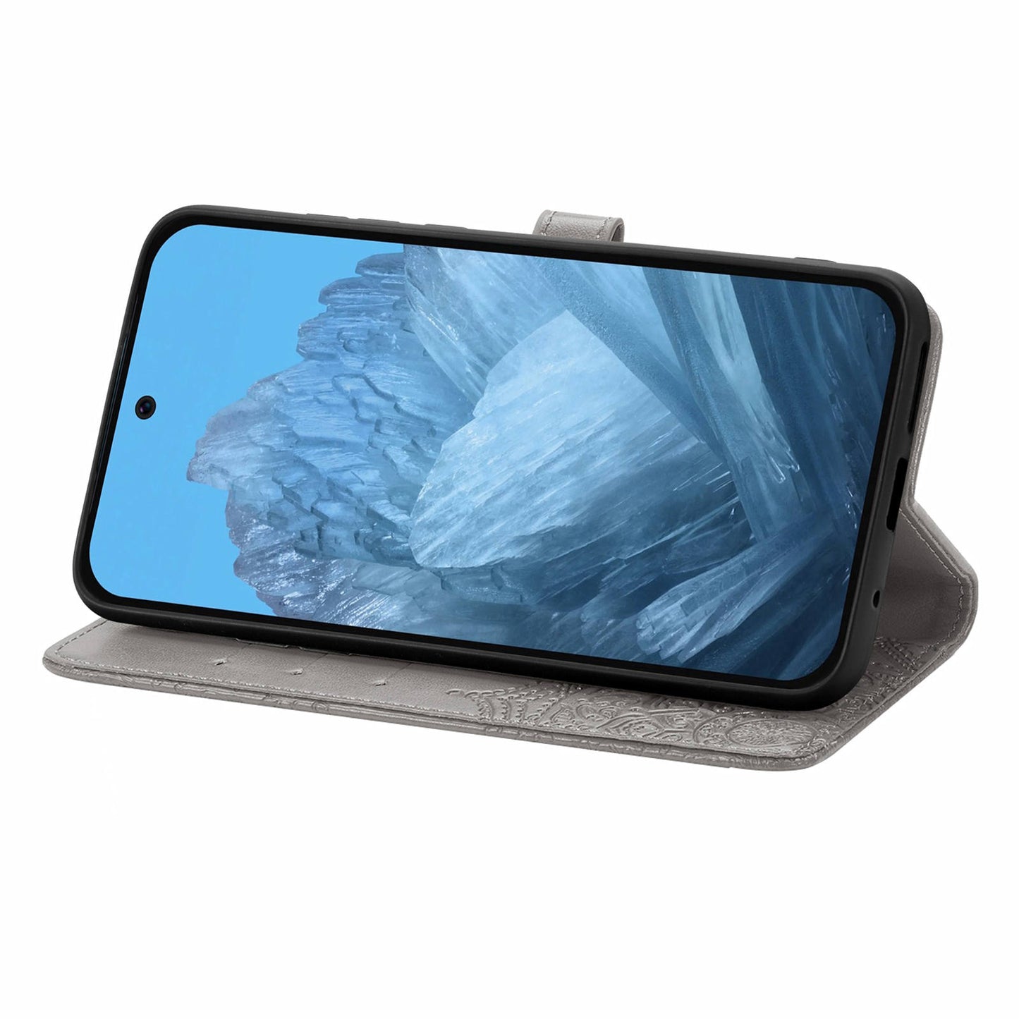 For Google Pixel 9 Phone Cover Emboss Mandala Flower Wallet Case with Magnetic Clasp - Grey