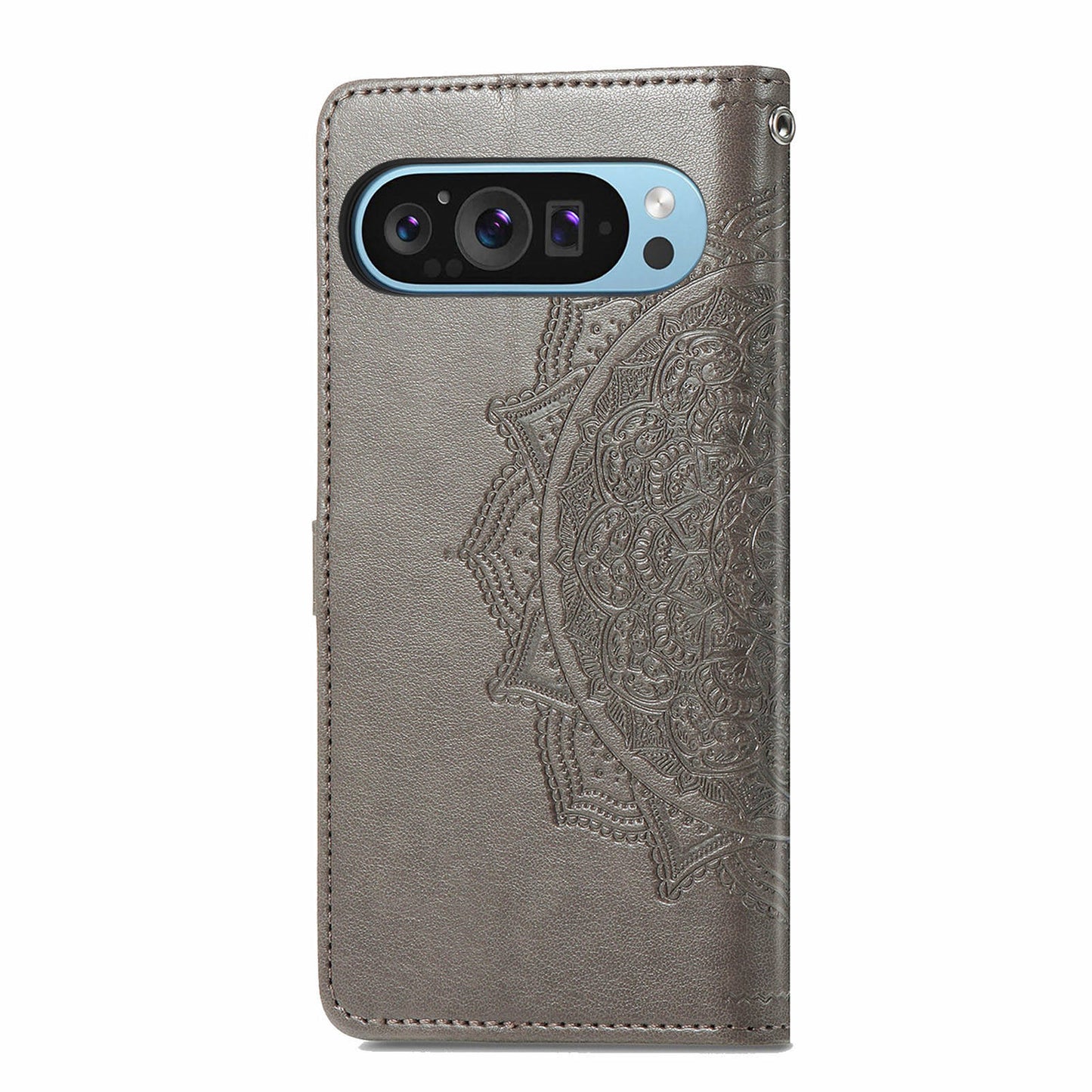 For Google Pixel 9 Phone Cover Emboss Mandala Flower Wallet Case with Magnetic Clasp - Grey