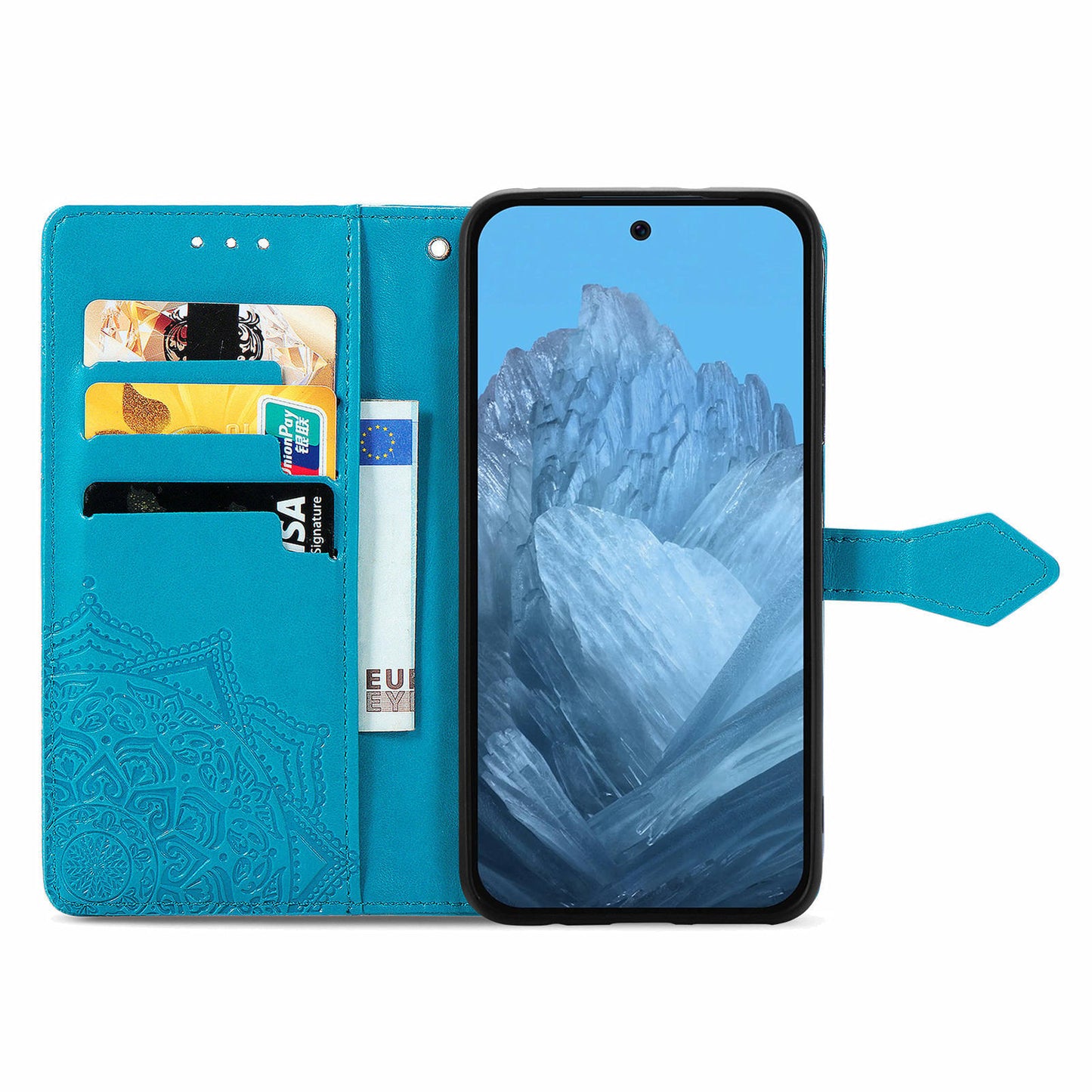 For Google Pixel 9 Phone Cover Emboss Mandala Flower Wallet Case with Magnetic Clasp - Blue