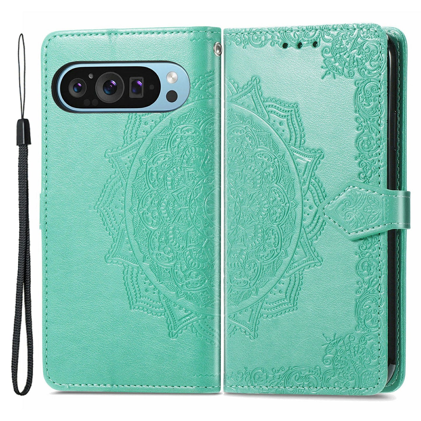 For Google Pixel 9 Phone Cover Emboss Mandala Flower Wallet Case with Magnetic Clasp - Mint Green