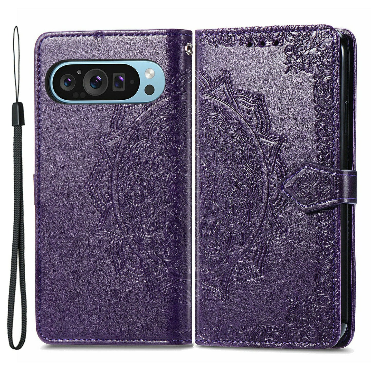 For Google Pixel 9 Pro Leather Wallet Case Stand Flip Phone Cover Emboss Mandala Flower - Purple