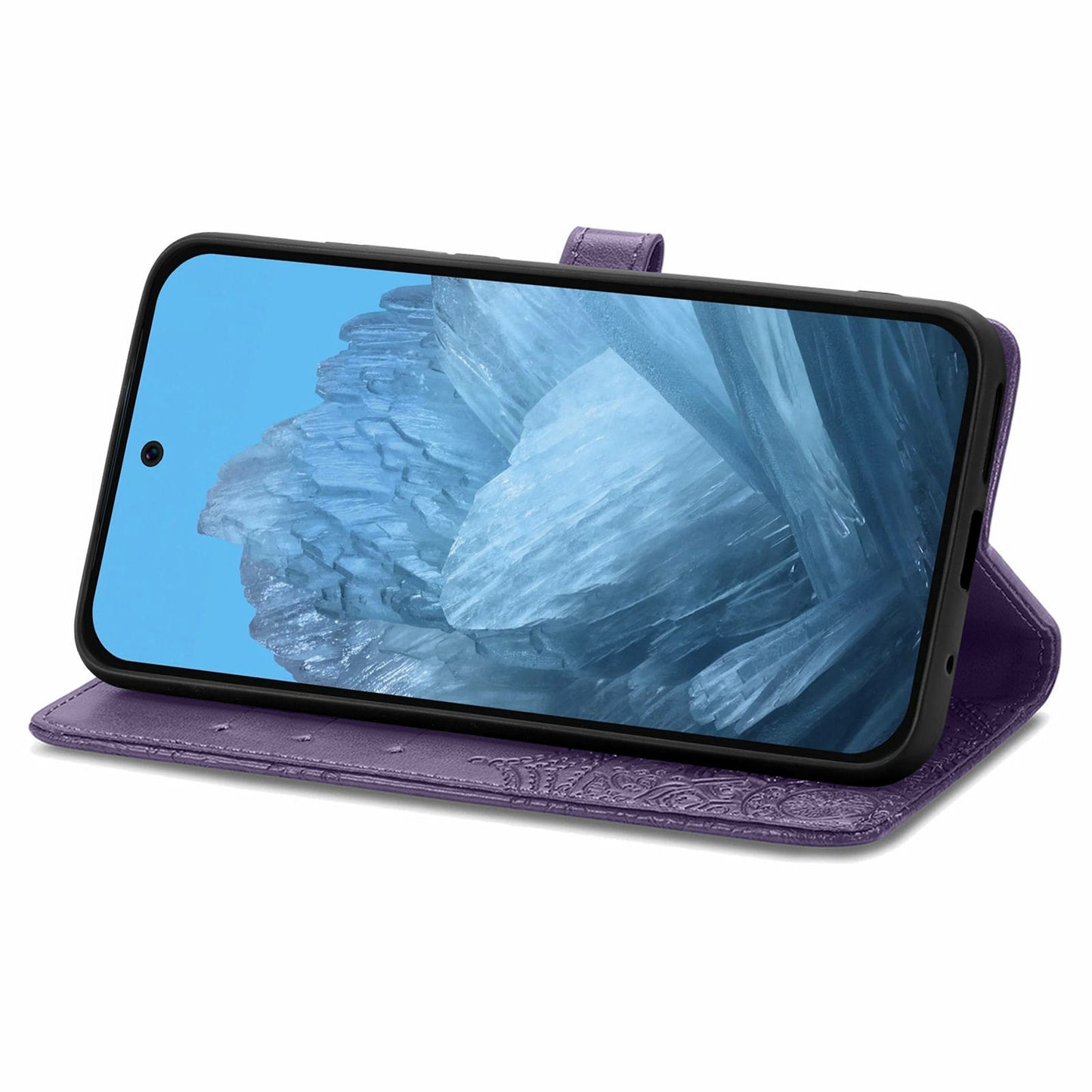 For Google Pixel 9 Pro Leather Wallet Case Stand Flip Phone Cover Emboss Mandala Flower - Purple