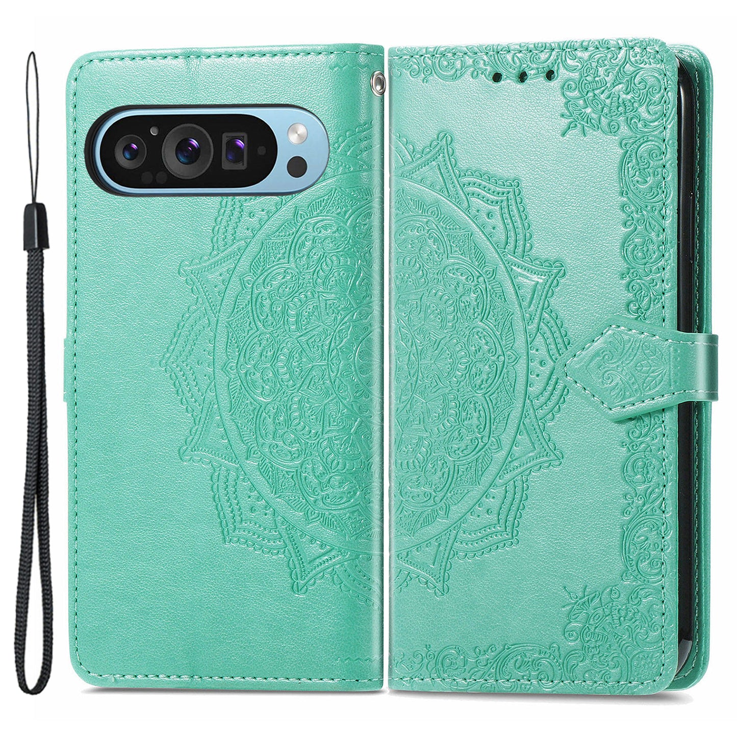For Google Pixel 9 Pro Leather Wallet Case Stand Flip Phone Cover Emboss Mandala Flower - Green