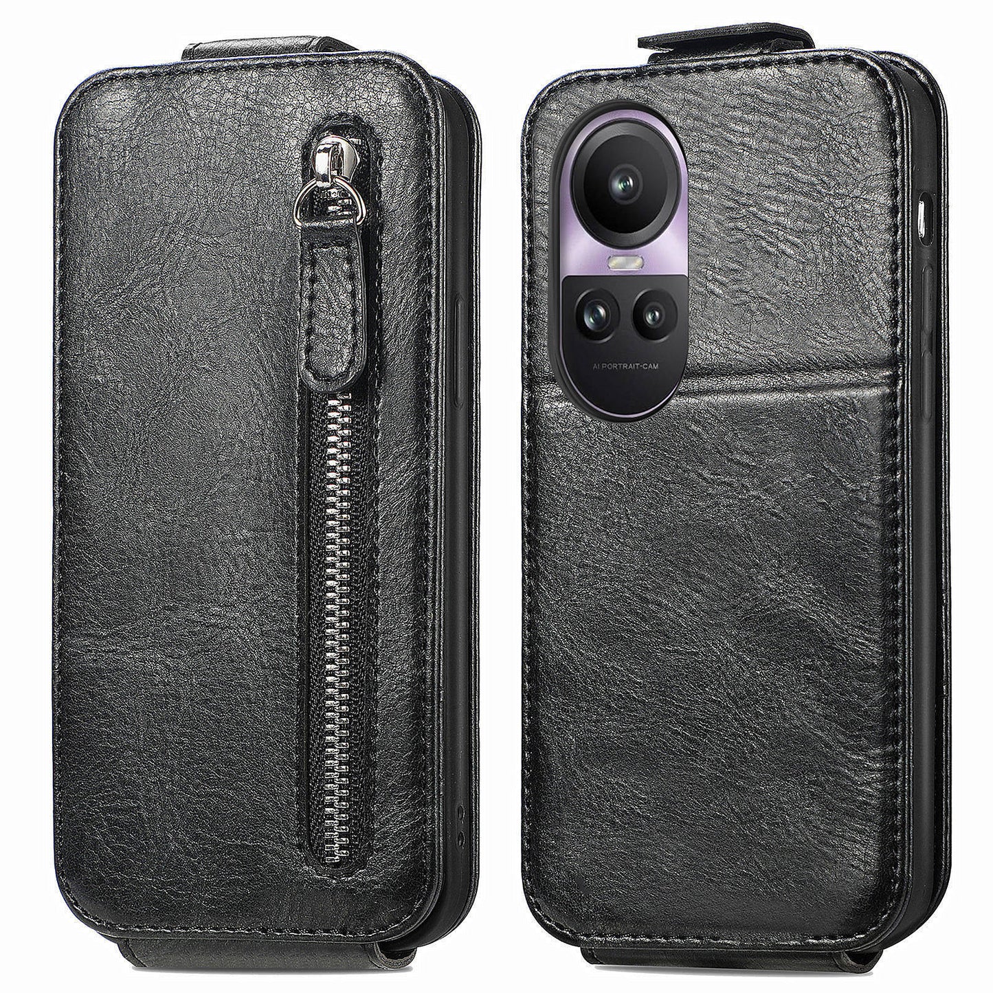 For Oppo Reno11 Pro 5G (Global) Case Zipper Wallet Leather Cover Vertical Flip Closure - Black