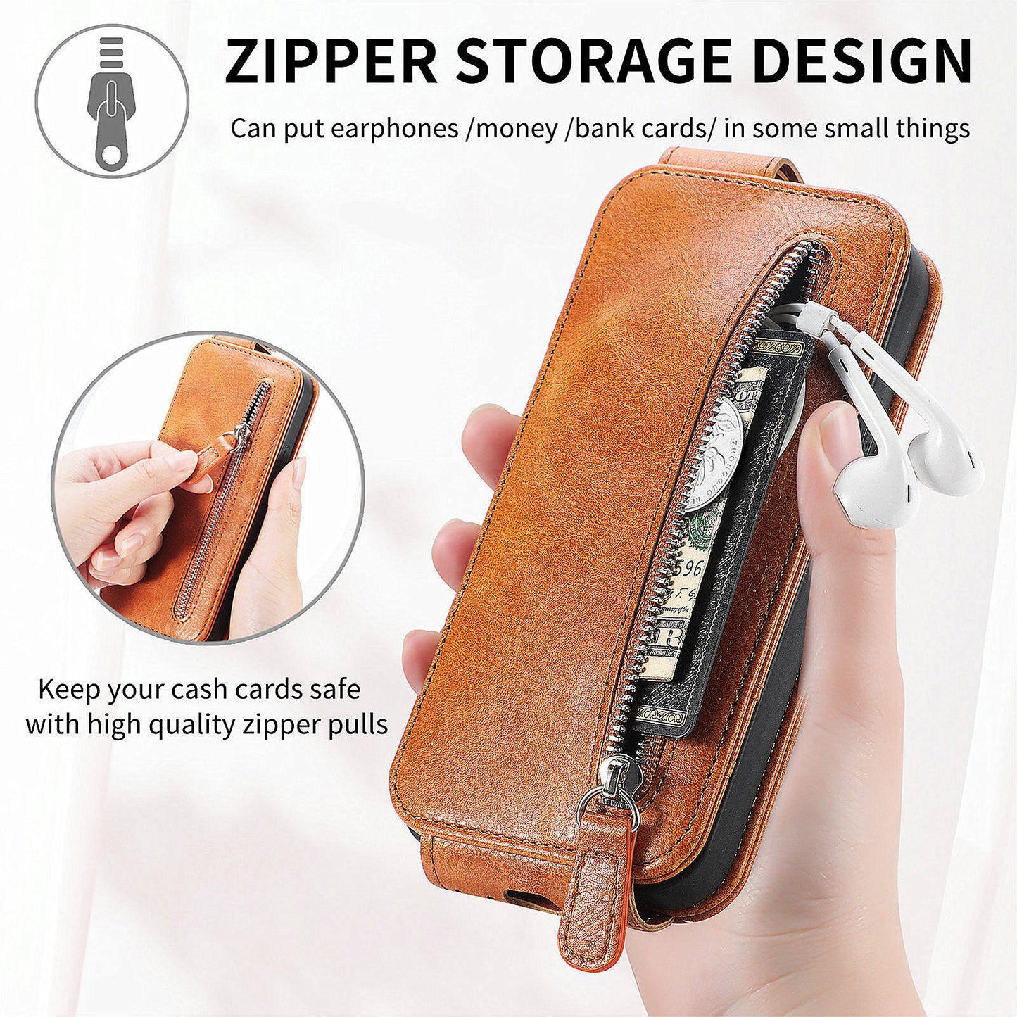 For Oppo Reno11 Pro 5G (Global) Case Zipper Wallet Leather Cover Vertical Flip Closure - Brown